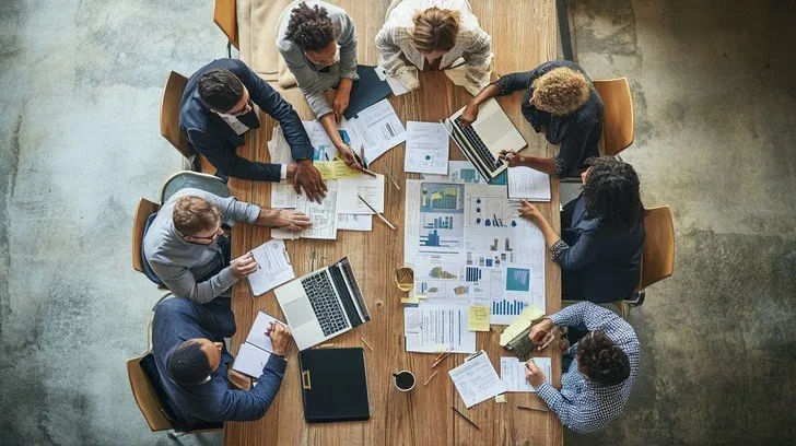 A business team collaborating around a table
